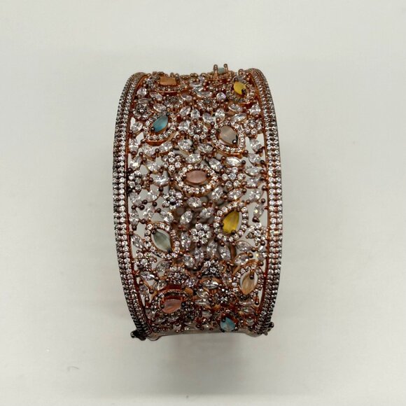 Vintage Filigree Hinge Bracelet Rose Gold-tone Rhinestones Safety Clasp - Picture 3 of 16